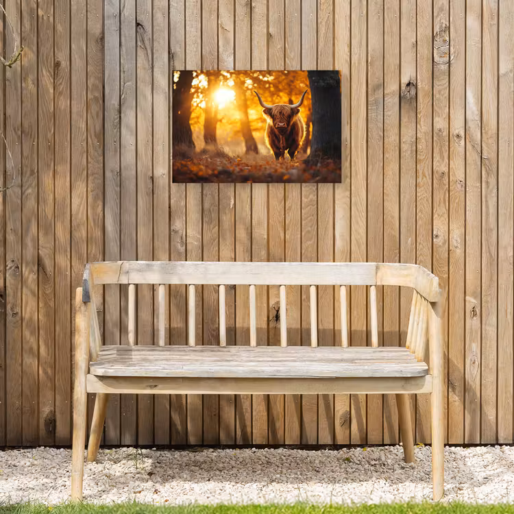 Schotse hooglander - Bos - Herfst - Dieren - Natuur - Bladeren Tuinposter op houten frame 2 cm dik klein -sfeer4