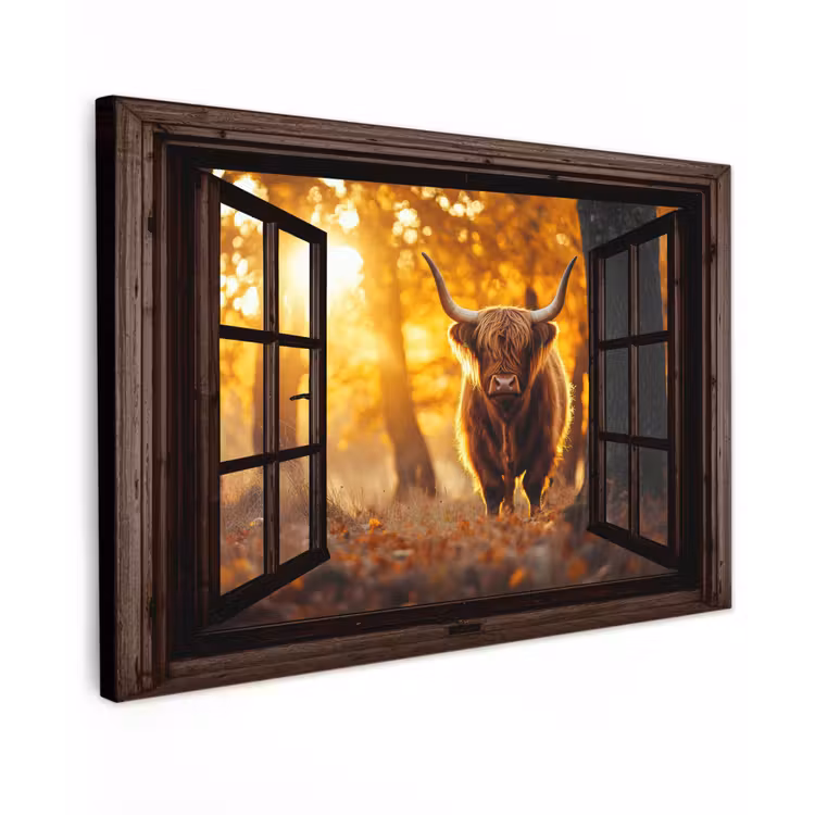 Schotse hooglander - Bos - Herfst - Dieren - Natuur - Bladeren - Doorkijk Tuinposter op houten frame 2 cm dik klein -3d