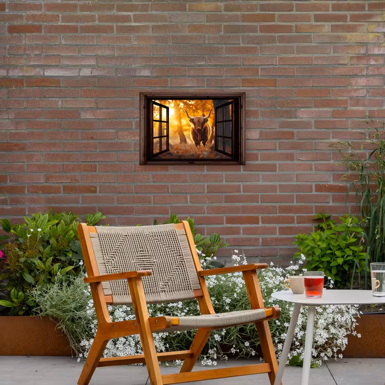 Schotse hooglander - Bos - Herfst - Dieren - Natuur - Bladeren - Doorkijk Tuinposter op houten frame 2 cm dik klein -sfeer3