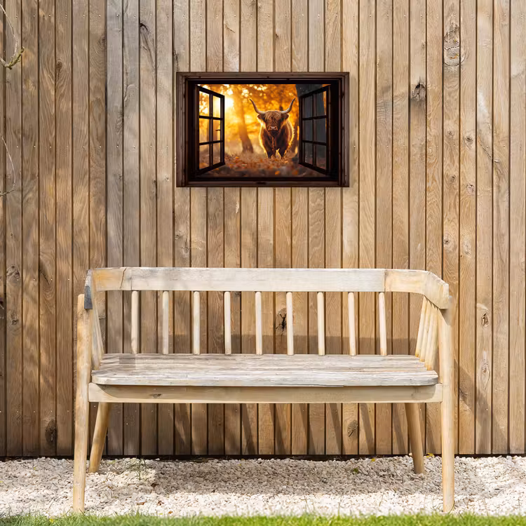 Schotse hooglander - Bos - Herfst - Dieren - Natuur - Bladeren - Doorkijk Tuinposter op houten frame 2 cm dik klein -sfeer4