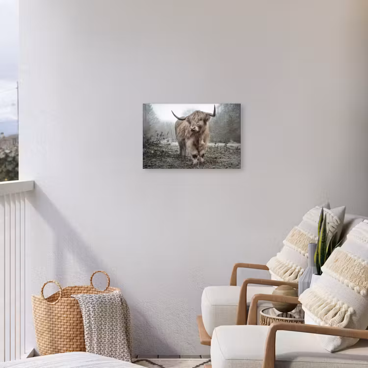 Schotse Hooglander - Bos - Mist - Koe - Dieren - Natuur Tuinposter op houten frame 2 cm dik klein -sfeer1