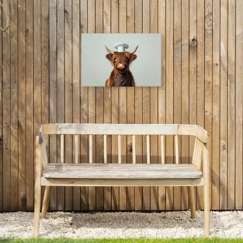 Schotse Hooglander - Bruin - Hoorns - Kokskleding Tuinposter op houten frame 2 cm dik klein -sfeer4