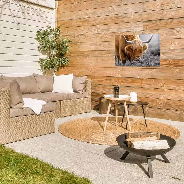 Schotse Hooglander - Dieren - Bruin - Koe - Zwart - Wit - Natuur Tuinposter op houten frame 2 cm dik klein -sfeer2