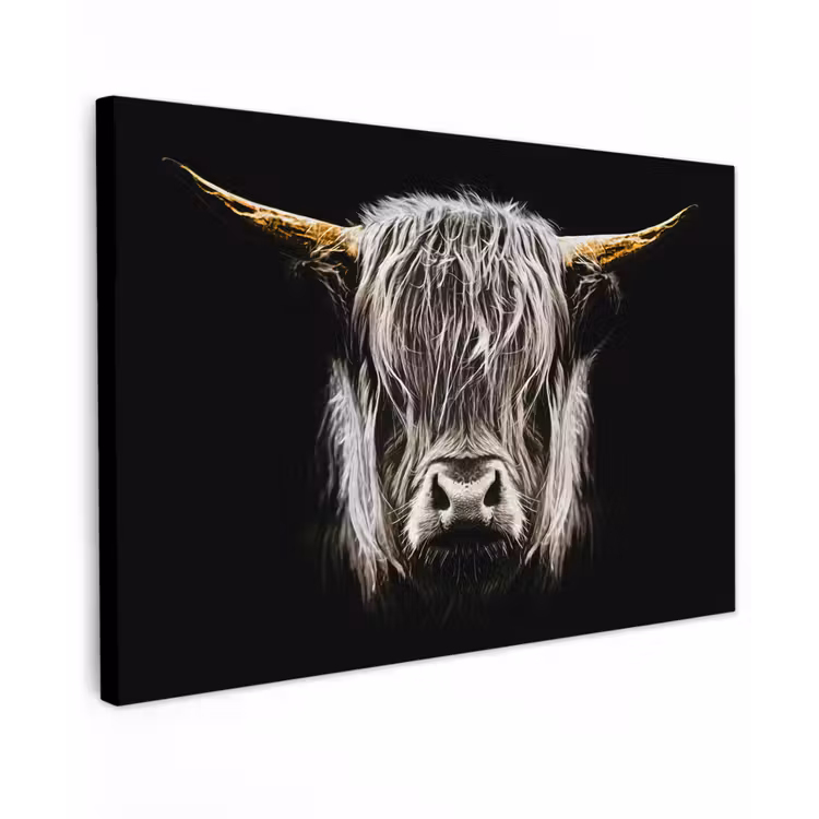 Schotse hooglander - Goud - Hoorns - Zwart wit - Koe - Dieren Tuinposter op houten frame 2 cm dik klein -3d