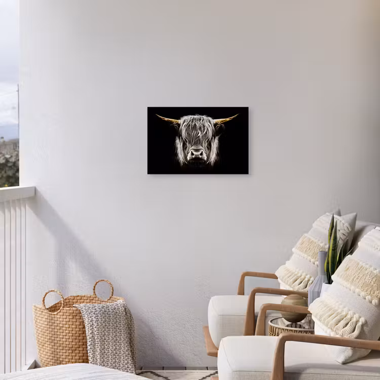 Schotse hooglander - Goud - Hoorns - Zwart wit - Koe - Dieren Tuinposter op houten frame 2 cm dik klein -sfeer1