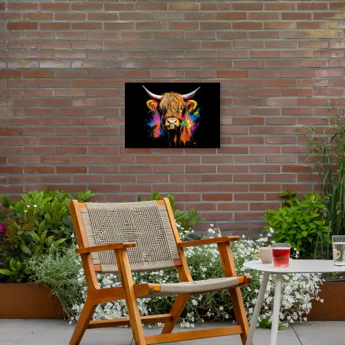 Schotse Hooglander - Graffiti - Kleurrijk - Bloem - Dieren Tuinposter op houten frame 2 cm dik klein -sfeer3