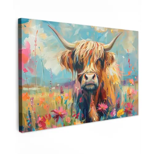 Schotse hooglander - Natuur - Kleurrijk - Bloemen Tuinposter op houten frame 2 cm dik klein -3d