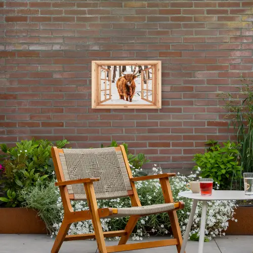 Schotse Hooglander - Winter - Landschap - Natuur - Dieren - Doorkijk Tuinposter op houten frame 2 cm dik klein -sfeer3