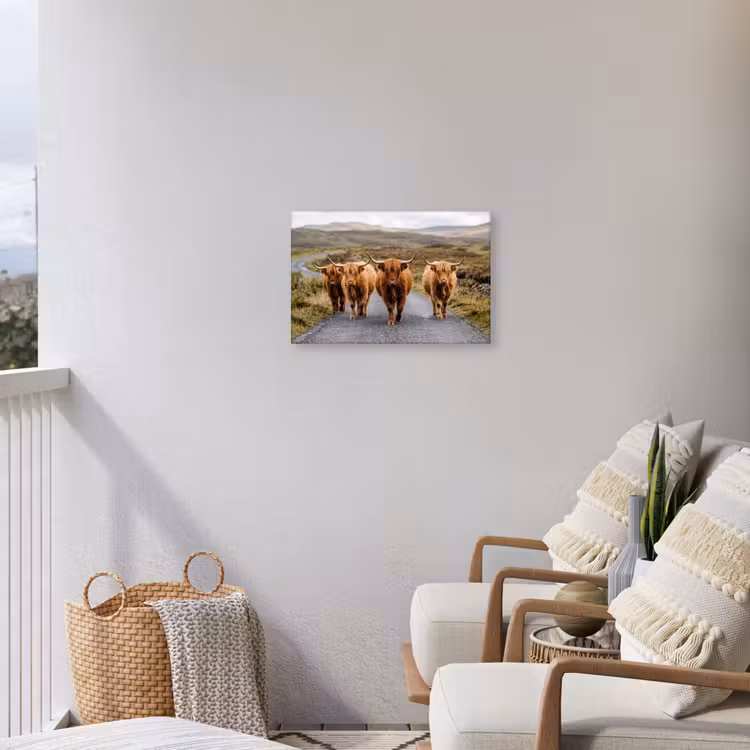 Schotse Hooglanders - Weg - Landschap - Kudde Tuinposter op houten frame 2 cm dik klein -sfeer1