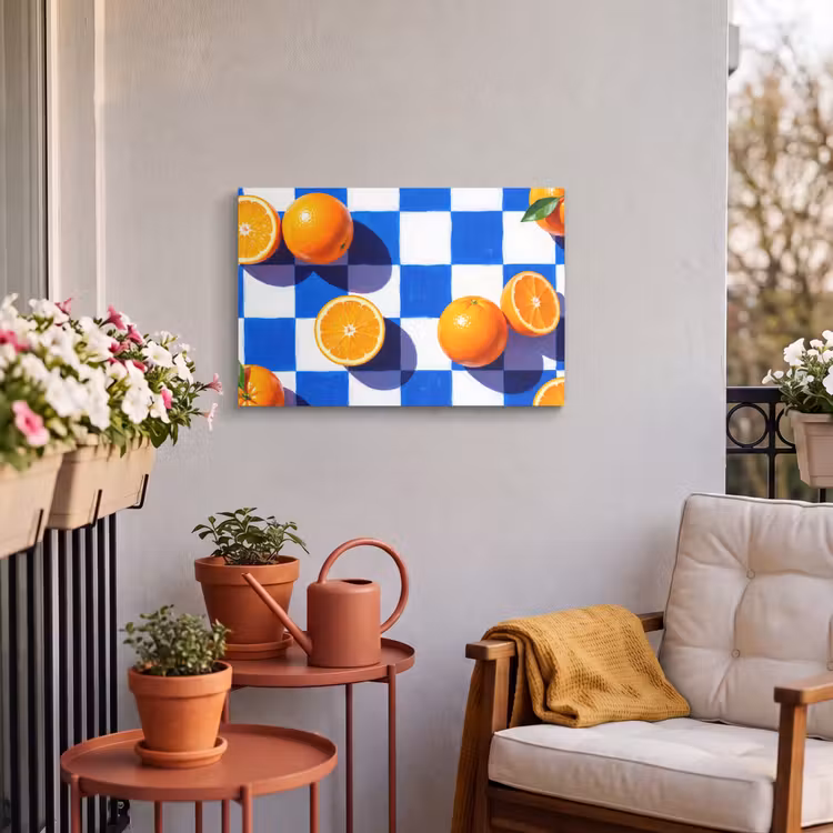 Buiten canvas - Sinaasappel - Geruit - Eten - Sinaasappel - Geruit - Eten Tuinposter op houten frame 2 cm dik klein