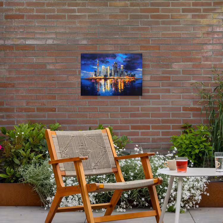Skyline Toronto - Modern - Stadslicht - Blauw Tuinposter op houten frame 2 cm dik klein -sfeer3