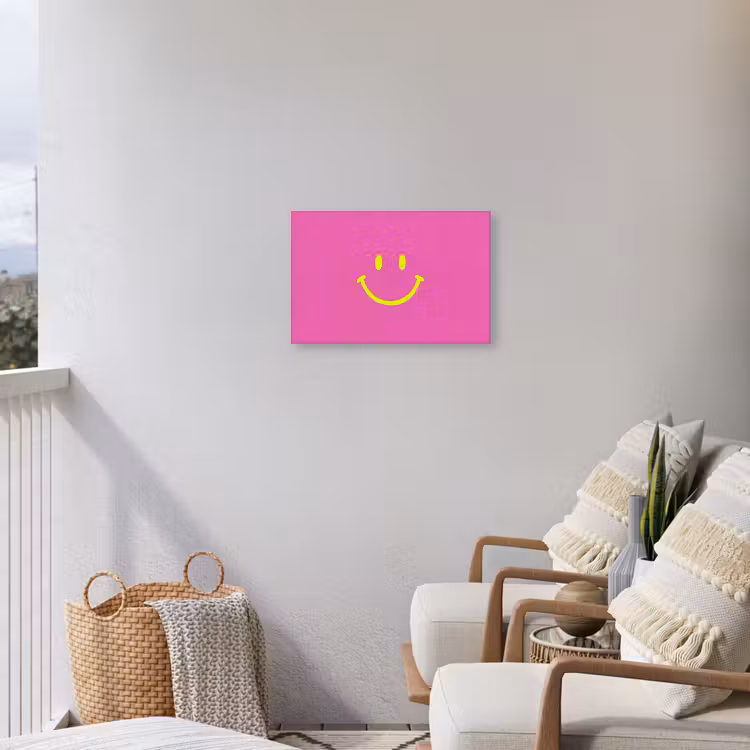 Smiley - Vrolijk - Roze Tuinposter op houten frame 2 cm dik klein -sfeer1