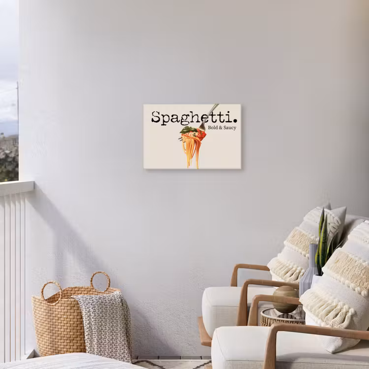 Spaghetti - tomatensaus - Parmezaanse kaas Tuinposter op houten frame 2 cm dik klein -sfeer1