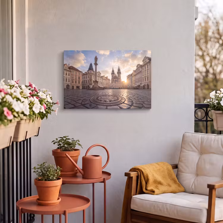 Stad - Praag - Ochtend - Architectuur - Goud Tuinposter op houten frame 2 cm dik klein -sfeer1