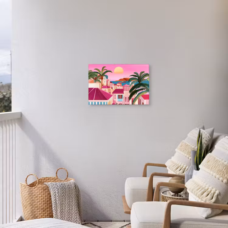 Stad - Roze - Palmbomen Tuinposter op houten frame 2 cm dik klein -sfeer1