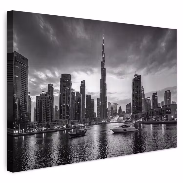 Stad - Skyline - Architectuur - Avond - Zwart-wit Tuinposter op houten frame 2 cm dik klein -3d