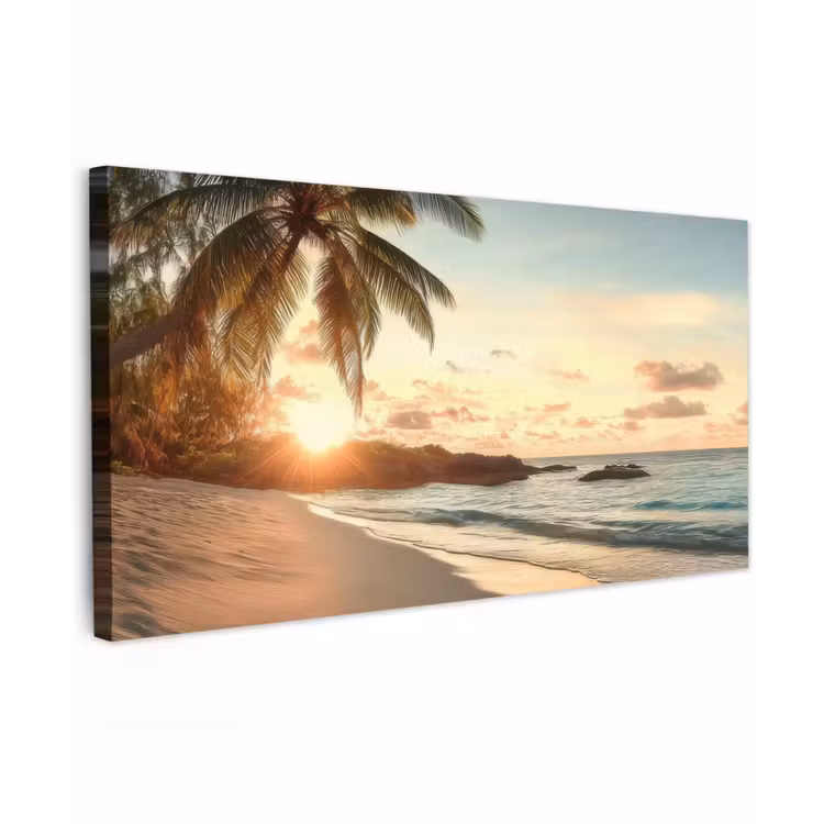 Strand - Palmbomen - Oceaan - Zonsondergang Tuinposter op houten frame 2 cm dik xxl -3d