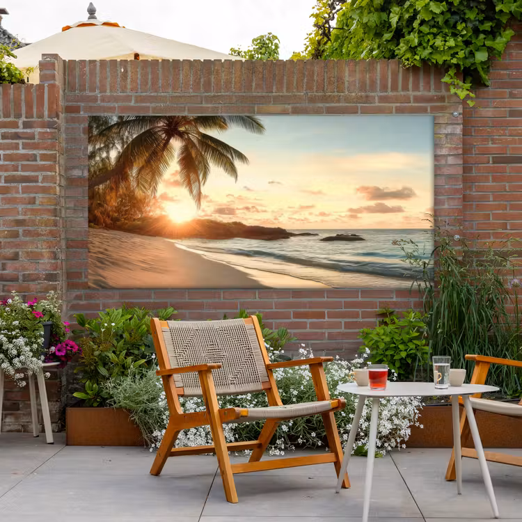 Strand - Palmbomen - Oceaan - Zonsondergang Tuinposter op houten frame 2 cm dik xxl -sfeer3