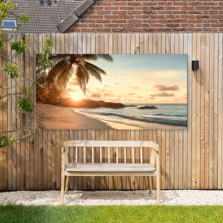 Strand - Palmbomen - Oceaan - Zonsondergang Tuinposter op houten frame 2 cm dik xxl -sfeer4
