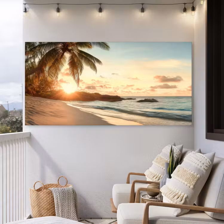 Strand - Palmbomen - Oceaan - Zonsondergang Tuinposter op houten frame 2 cm dik xxl -sfeer1