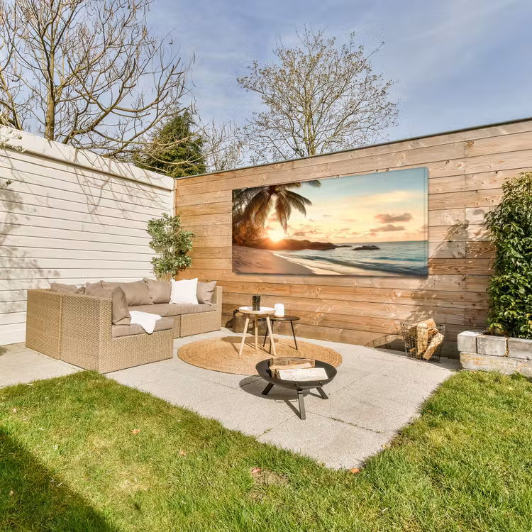 Strand - Palmbomen - Oceaan - Zonsondergang Tuinposter op houten frame 2 cm dik xxl -sfeer2