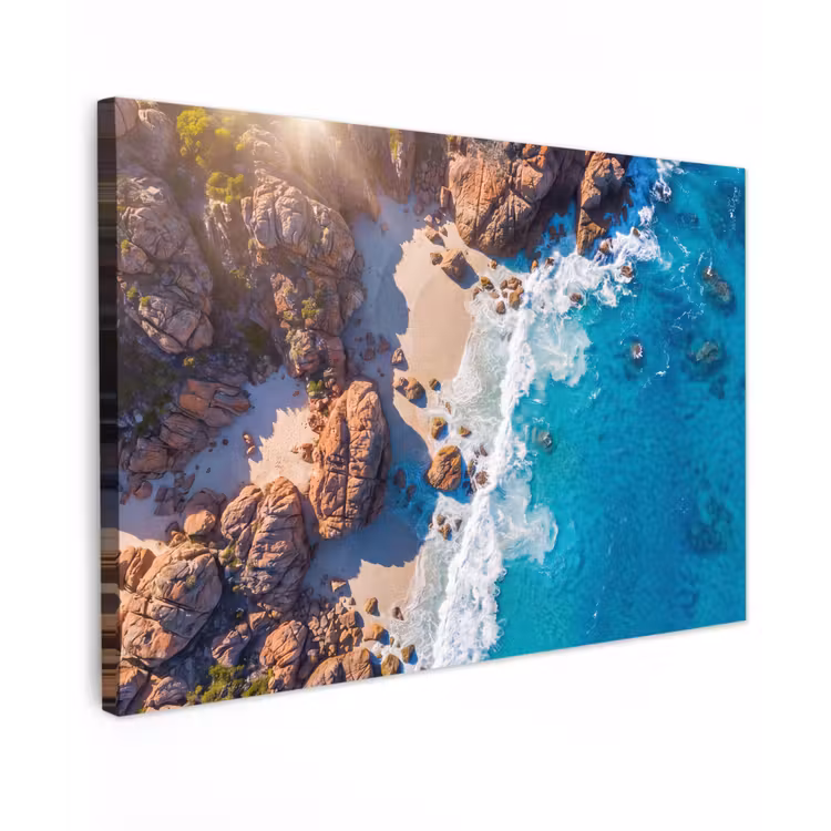 Strand - Zee - Rotsen - Natuur - Blauw Tuinposter op houten frame 2 cm dik klein -3d