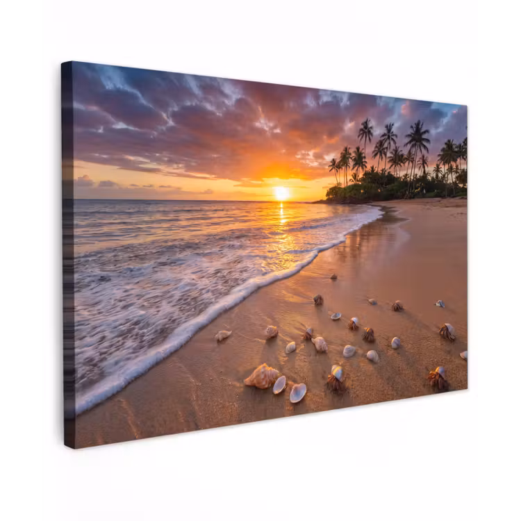Strand - Zonsondergang - Palmbomen - Natuur - Oranje Tuinposter op houten frame 2 cm dik klein -3d