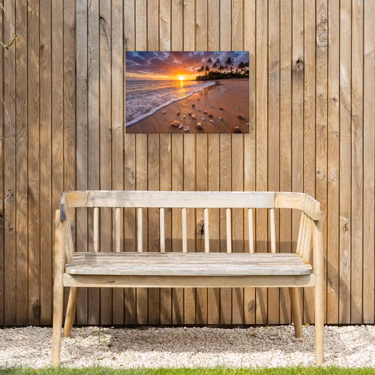 Strand - Zonsondergang - Palmbomen - Natuur - Oranje Tuinposter op houten frame 2 cm dik klein -sfeer4