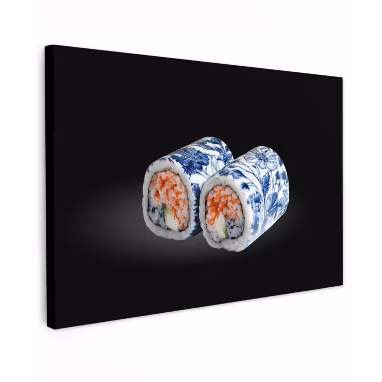 Sushi - Delfts blauw - Rijst - Vis - Elegant Tuinposter op houten frame 2 cm dik klein -3d