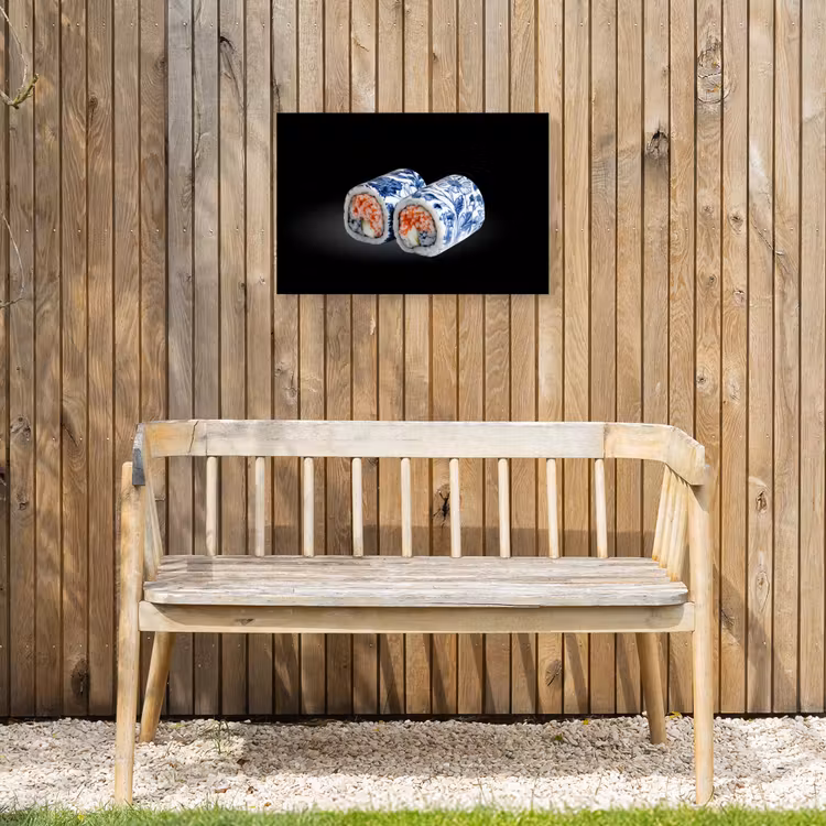 Sushi - Delfts blauw - Rijst - Vis - Elegant Tuinposter op houten frame 2 cm dik klein -sfeer4