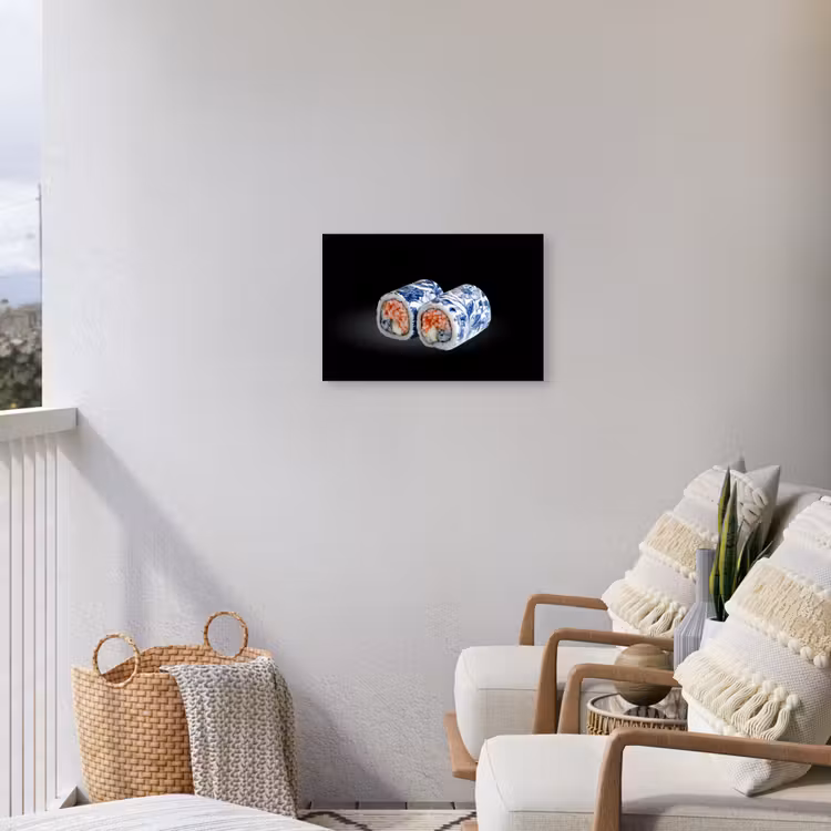 Sushi - Delfts blauw - Rijst - Vis - Elegant Tuinposter op houten frame 2 cm dik klein -sfeer1