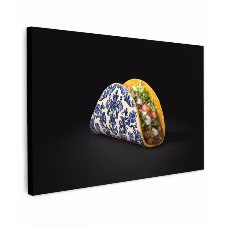 Taco - Vlees - Salade - Delftsblauw - Motief Tuinposter op houten frame 2 cm dik klein -3d