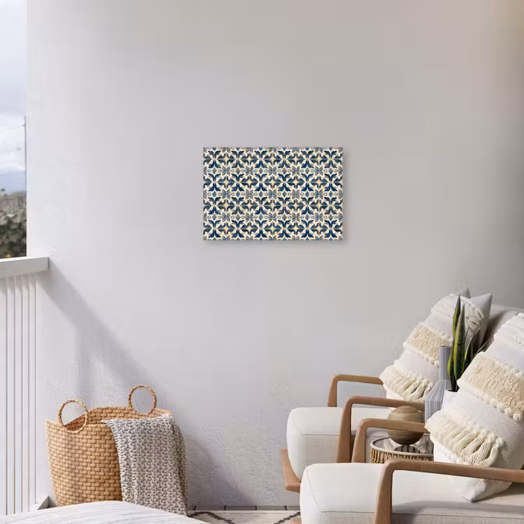 Tegel - Patroon - Blauw - Beige Tuinposter op houten frame 2 cm dik klein 845 -sfeer1