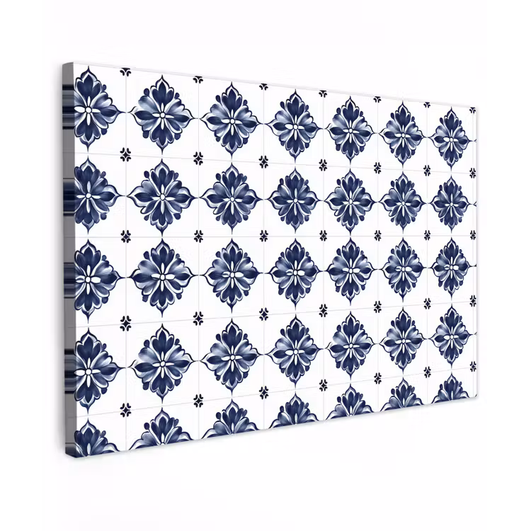 Tegelmotief - Blauw - Wit - Bloem Tuinposter op houten frame 2 cm dik klein 845 -3d