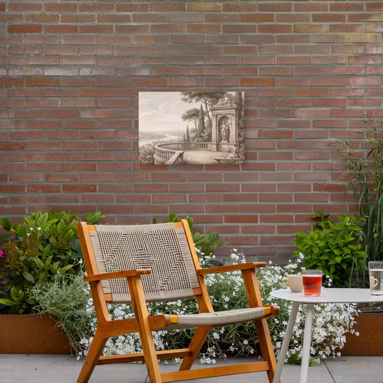 Terras - Stad - Uitzicht - Rivier Tuinposter op houten frame 2 cm dik klein -sfeer3