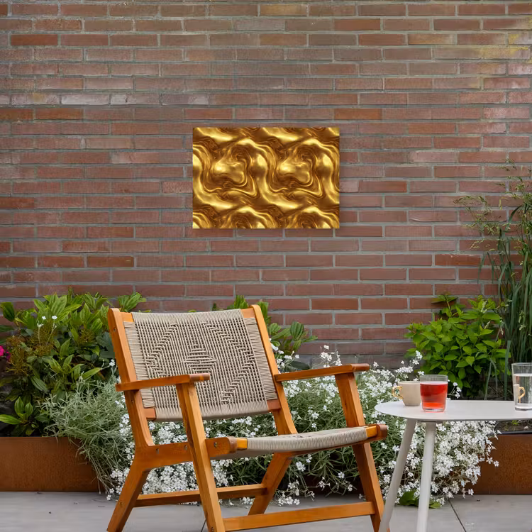 Textuur - Vloeibaar - Organisch - Goud Tuinposter op houten frame 2 cm dik klein 845 -sfeer3