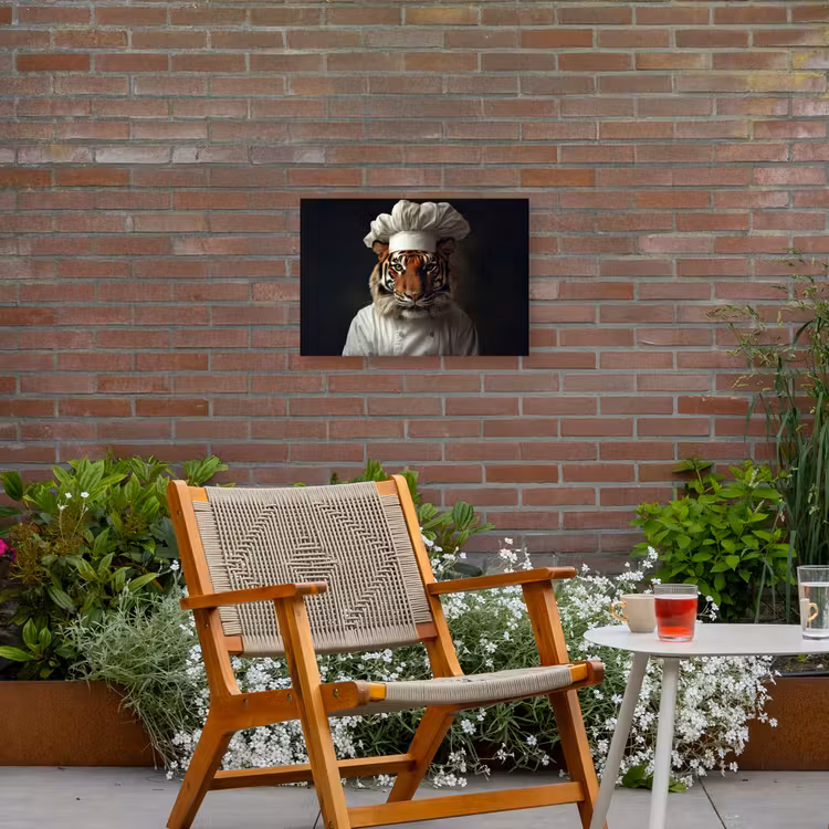 Tijger - Kokskleding - Bruin Tuinposter op houten frame 2 cm dik klein -sfeer3