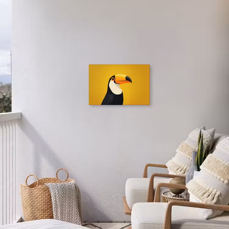 Toekan - Minimalistisch - Snavel - Oranje Tuinposter op houten frame 2 cm dik klein -sfeer1
