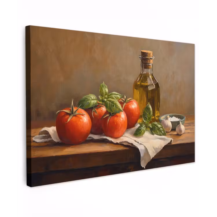 Tomaten - Olijfolie - Stilleven Tuinposter op houten frame 2 cm dik klein -3d