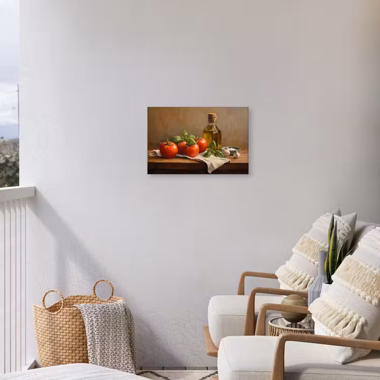 Tomaten - Olijfolie - Stilleven Tuinposter op houten frame 2 cm dik klein -sfeer1