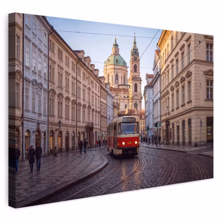 Tram - Straat - Stadsgezicht - Klassiek - Rood Tuinposter op houten frame 2 cm dik klein -3d