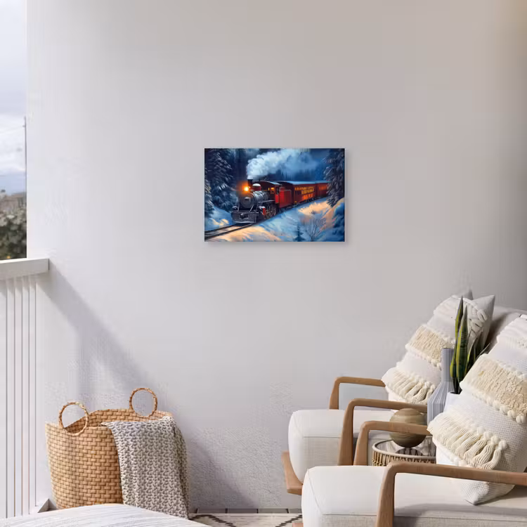 Trein - Kerst - Sneeuw - Kersttrein Tuinposter op houten frame 2 cm dik klein -sfeer1