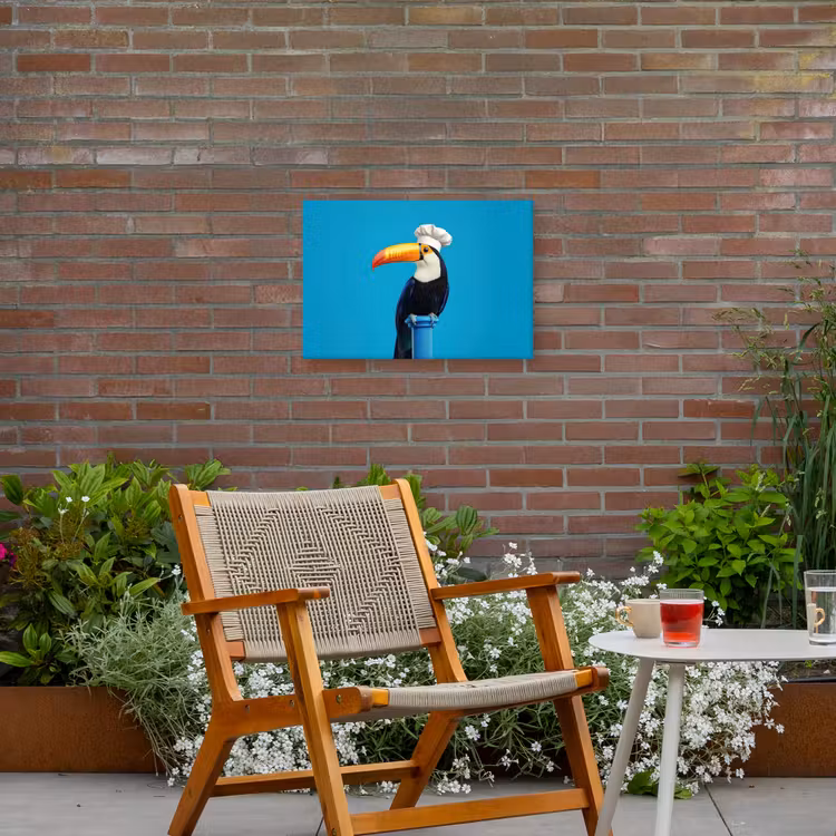 Tucan - Sokkel - Vogel - Koksmuts Tuinposter op houten frame 2 cm dik klein -sfeer3