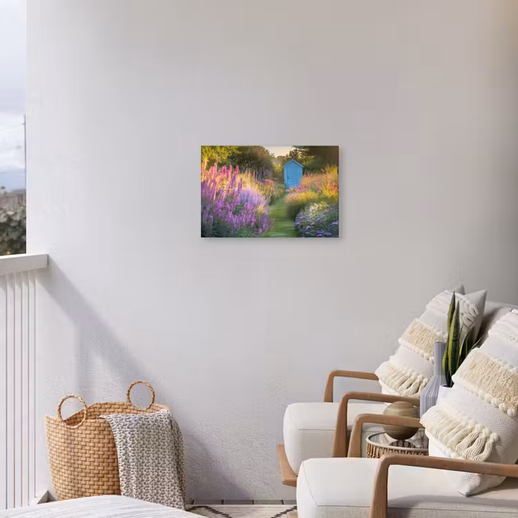 Tuinhuisje - Blauw - Bloemen Tuinposter op houten frame 2 cm dik klein -sfeer1