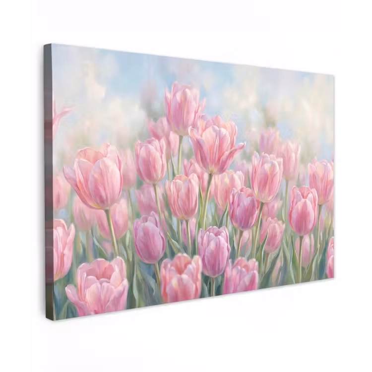 Tulpen - Veld - Lente - Roze Tuinposter op houten frame 2 cm dik klein -3d