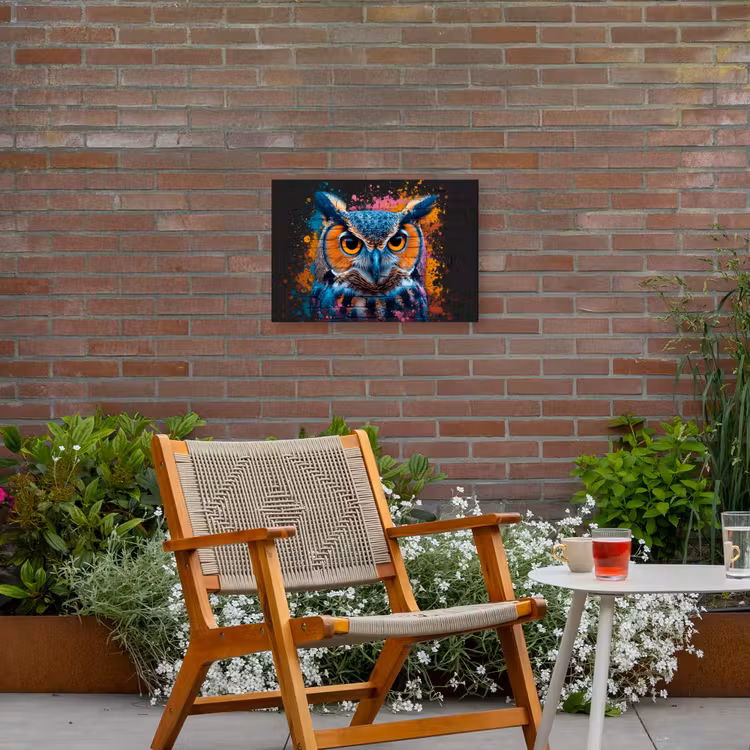 Uil met Intense Blik Tuinposter op houten frame 2 cm dik klein -sfeer3