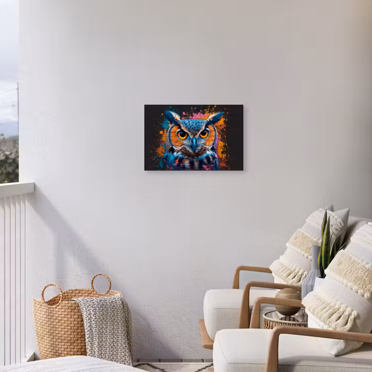 Uil met Intense Blik Tuinposter op houten frame 2 cm dik klein -sfeer1