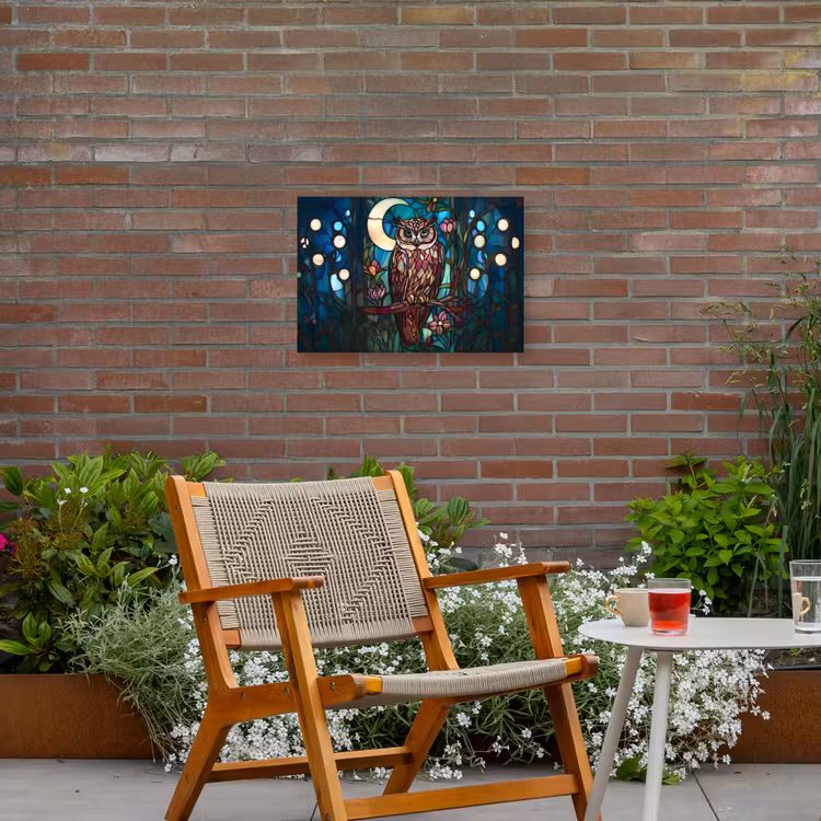 Uil - Mozaïek - Maan - Nacht Tuinposter op houten frame 2 cm dik klein -sfeer3