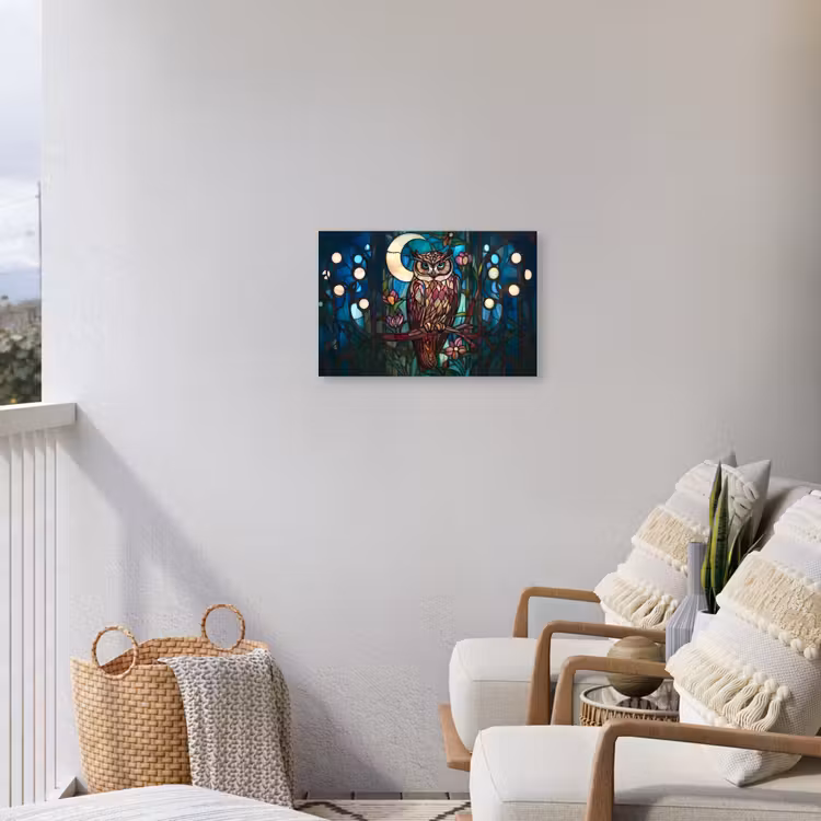 Uil - Mozaïek - Maan - Nacht Tuinposter op houten frame 2 cm dik klein -sfeer1