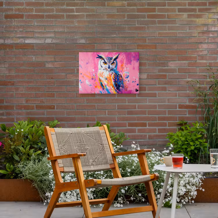 Uil - Roze - Blauw - Verf - Abstract Tuinposter op houten frame 2 cm dik klein -sfeer3